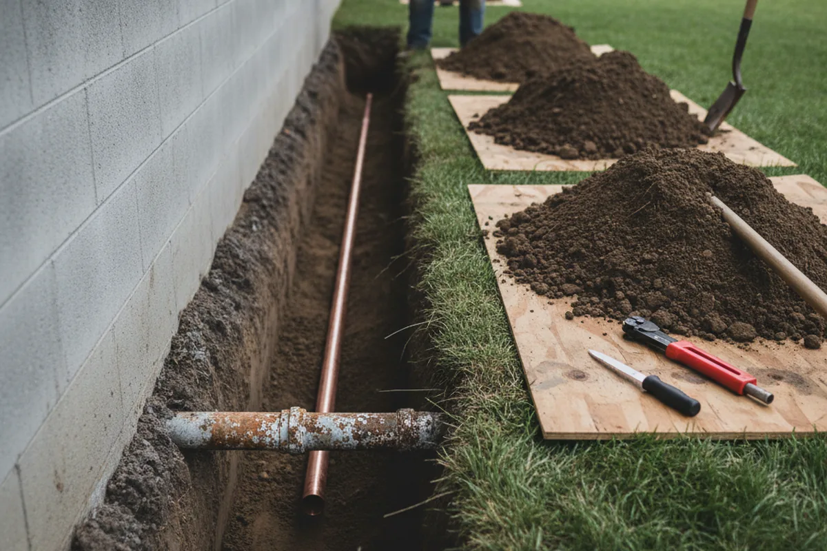 Excavated water line trench during Water Heater Repair in Clarksburg